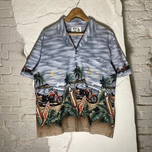 KY'S Hawaiian Shirt Mens Large Vintage Motorcycle Surfboard Beach Print Cotton
